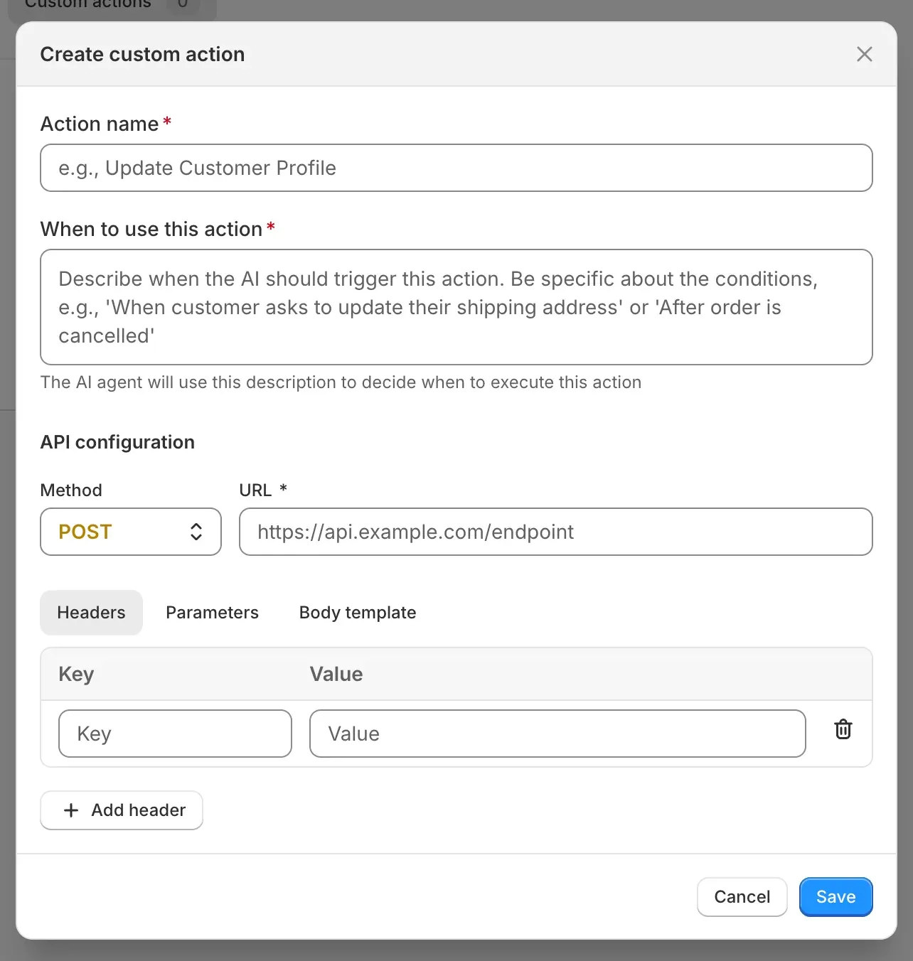 Commslayer create custom action dialog