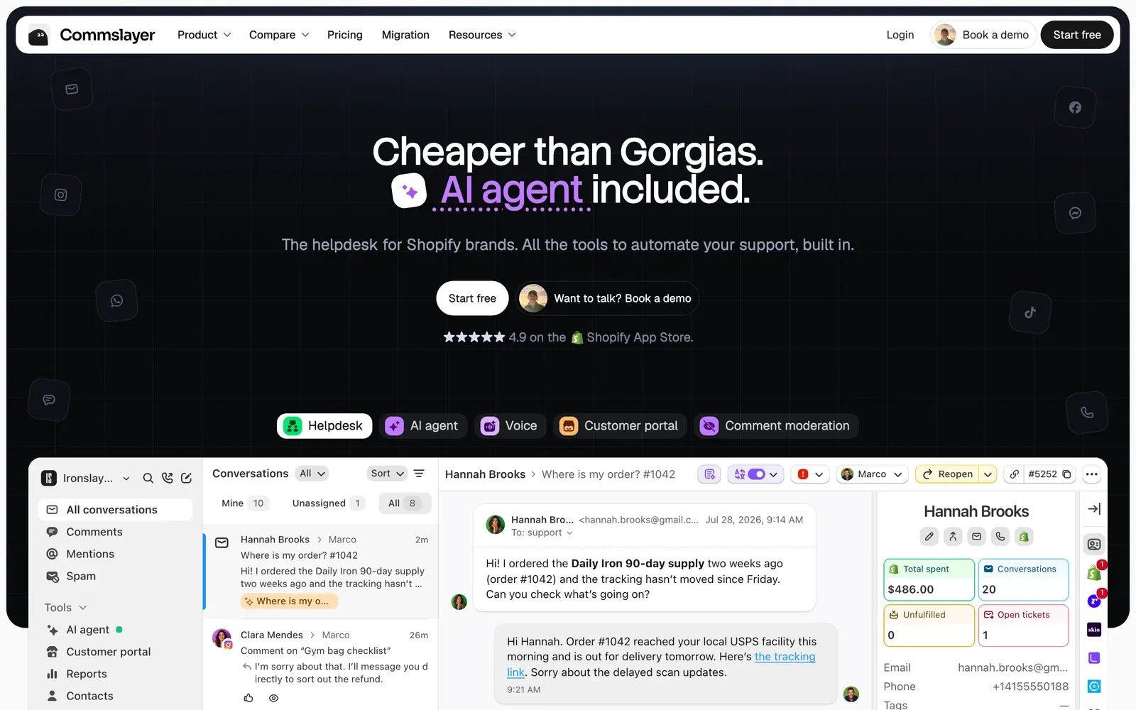 Commslayer homepage hero: ‘Cheaper than Gorgias. AI agent included.’ above a product screenshot of the Commslayer helpdesk inbox with a Shopify customer sidebar.