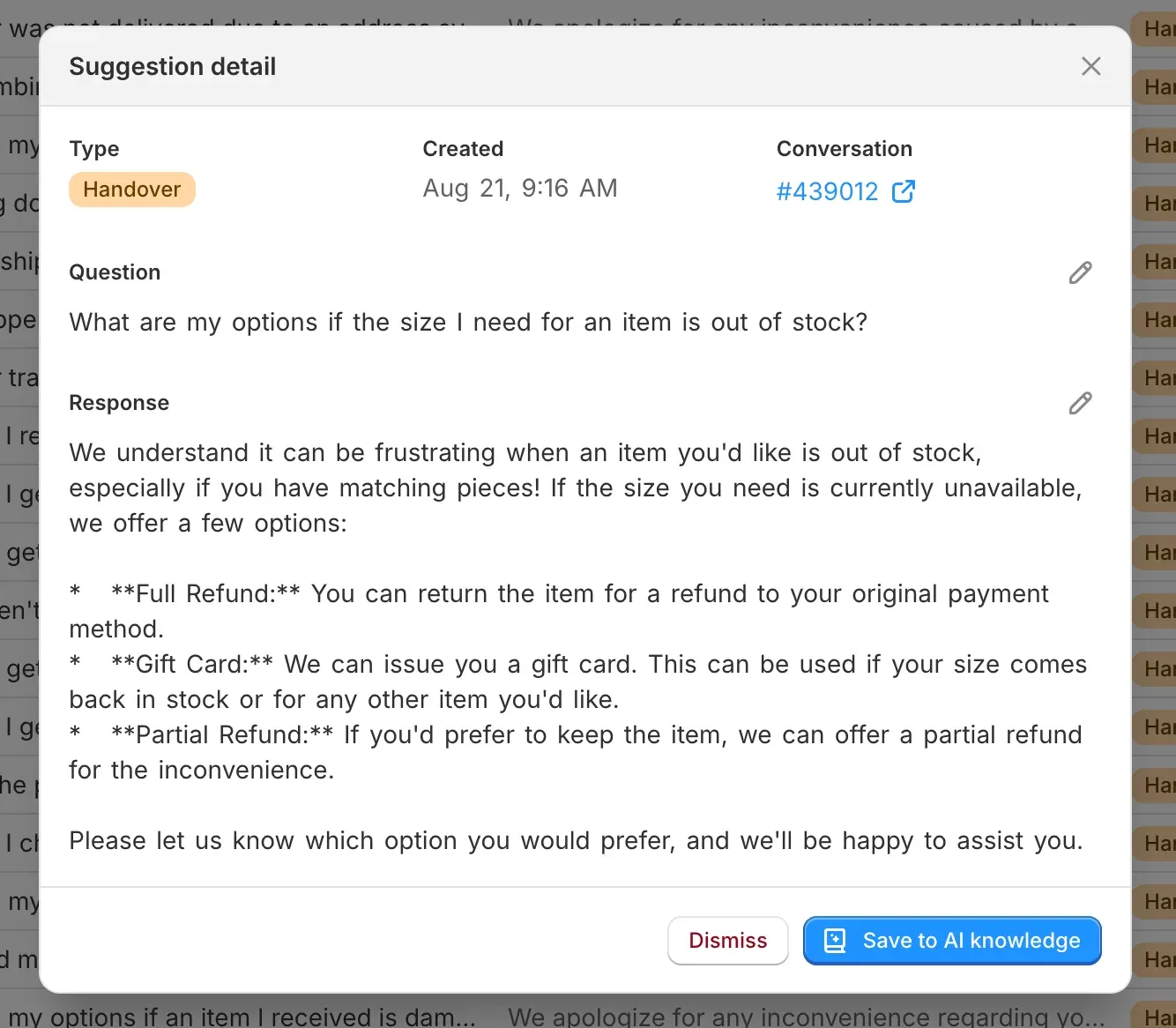 Commslayer Suggestion detail modal for a handover, showing the customer’s question about options when a size is out of stock, the drafted response listing full refund, gift card, and partial refund options, and Dismiss and Save to AI knowledge buttons