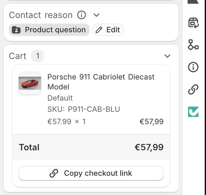 Commslayer conversation sidebar with a Contact reason chip reading Product question above a live Cart card listing a diecast model with its SKU, quantity, per-item price and total in euros, and a Copy checkout link button