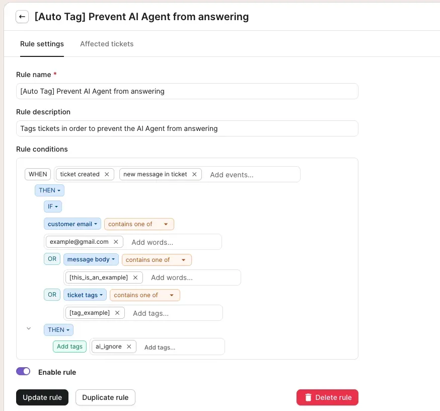 Gorgias automation rule that adds an ai_ignore tag when placeholder email, message, or tag conditions match, preventing AI Agent from answering those tickets