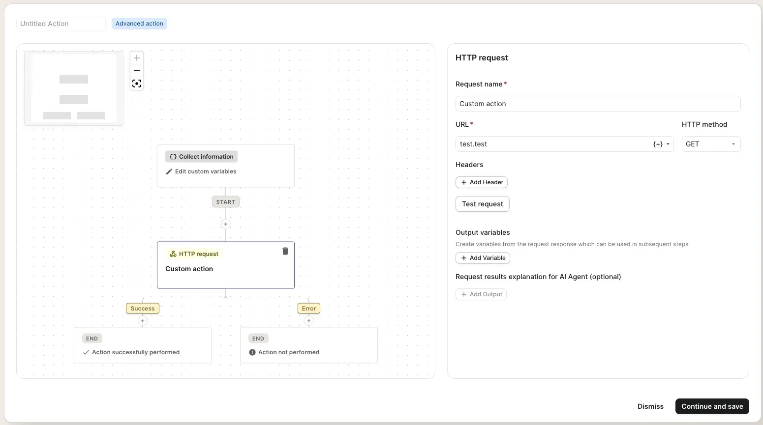 Gorgias custom action builder canvas with a start node, an HTTP request step, and branching Success and Error end nodes, with the HTTP request configuration panel open on the right