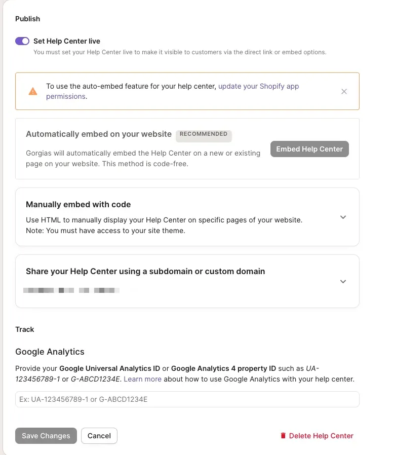 Gorgias Help Center publish settings listing automatic website embed, manual embed with code, and sharing on a subdomain or custom domain, with a Google Analytics tracking field below