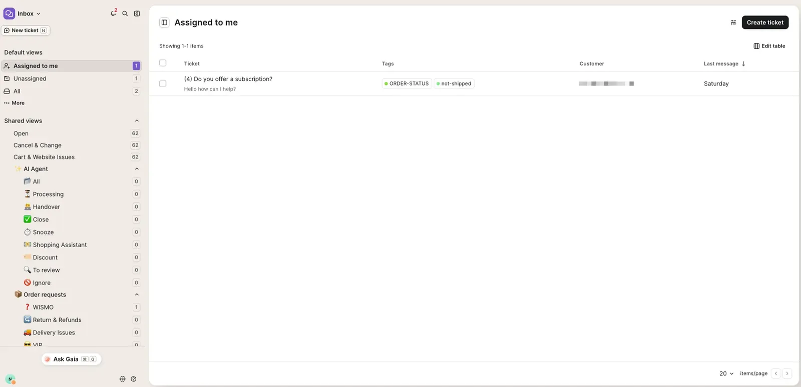 Gorgias inbox with the Assigned to me view open and a sidebar showing AI Agent shared views for Processing, Handover, Close, Snooze, Shopping Assistant, Discount, To review, and Ignore, plus Order requests views for WISMO, Return and Refunds, and Delivery Issues