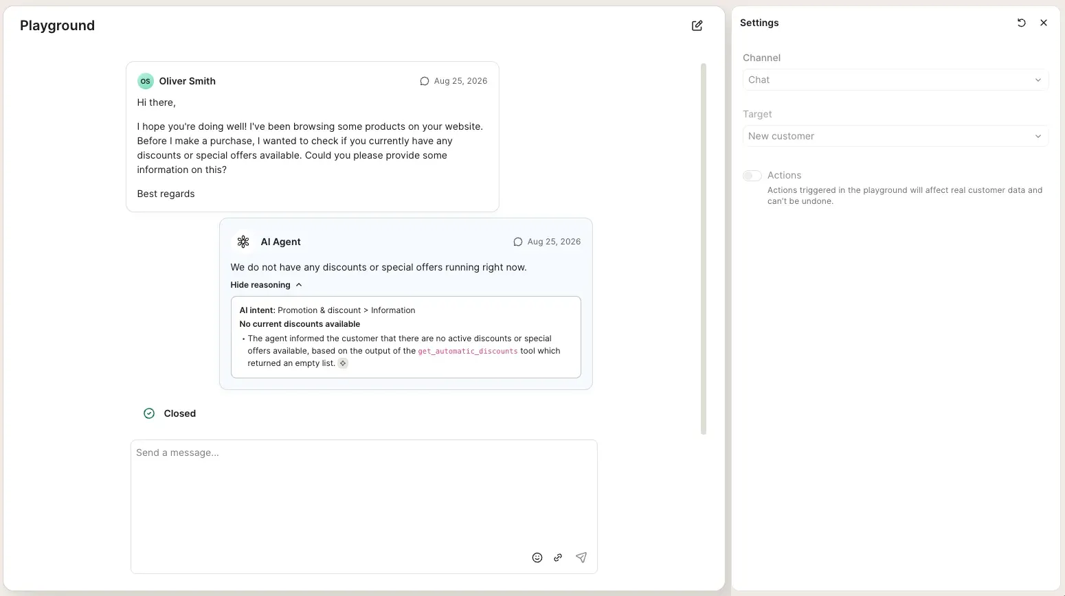 Gorgias Playground conversation where the AI Agent answers a discount question, with reasoning expanded to show the detected intent and the tool call behind the answer, next to a settings panel with channel, target, and actions options
