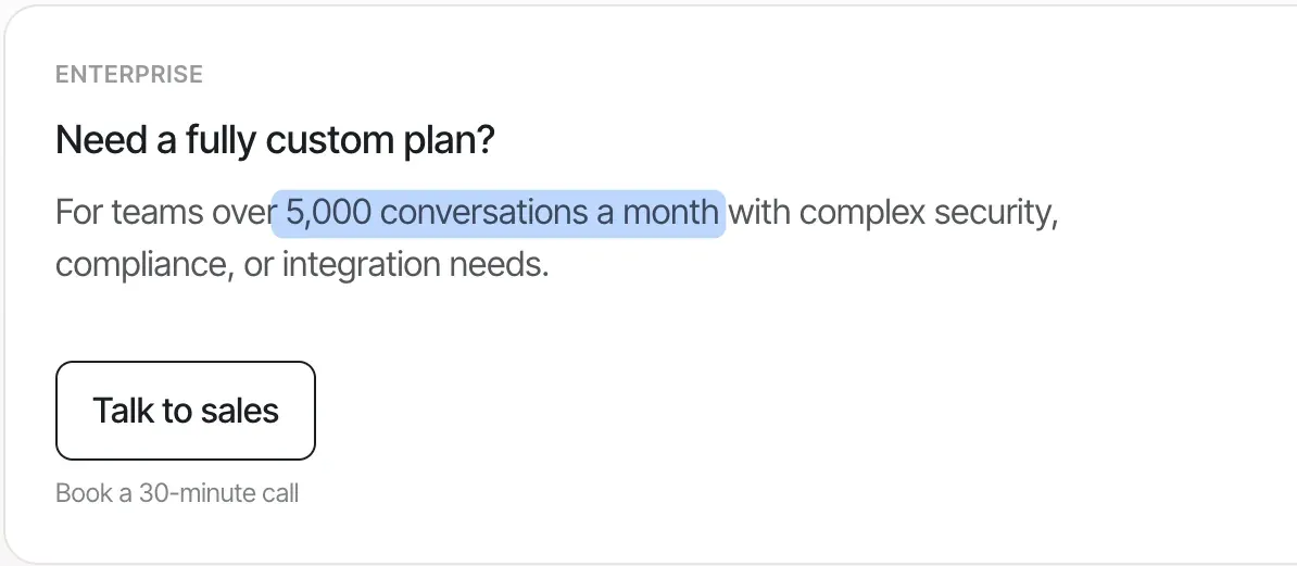 Gorgias Enterprise pricing card reading Need a fully custom plan, for teams over 5,000 conversations a month with complex security, compliance, or integration needs, with a Talk to sales button and a Book a 30-minute call note