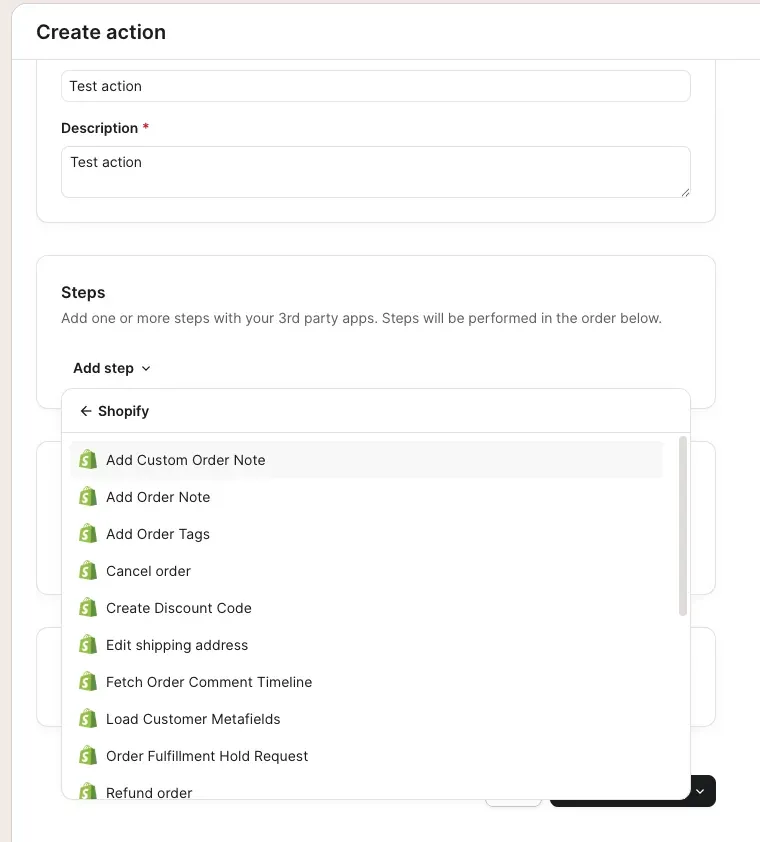 Gorgias Create action modal with the Shopify step menu open, listing actions including Add Custom Order Note, Add Order Tags, Cancel order, Create Discount Code, Edit shipping address, and Refund order