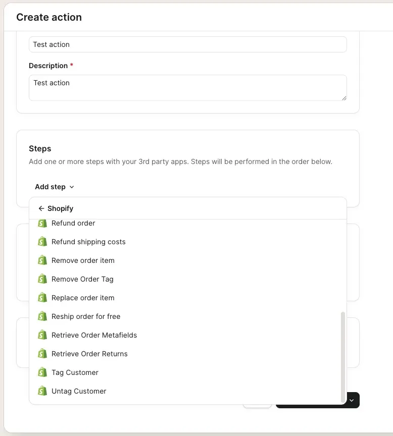 The same Shopify step menu scrolled to the bottom, listing Refund order, Refund shipping costs, Remove order item, Replace order item, Reship order for free, Tag Customer, and Untag Customer