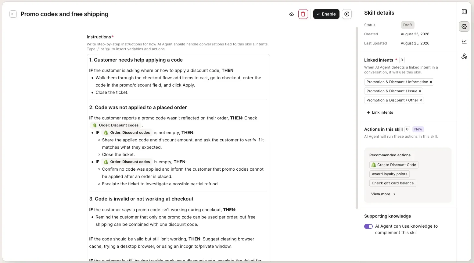 Gorgias Skill editor for a promo-code skill in Draft status, showing step-by-step IF/THEN instructions, linked intents, recommended action chips, and the Enable and test buttons in the top bar