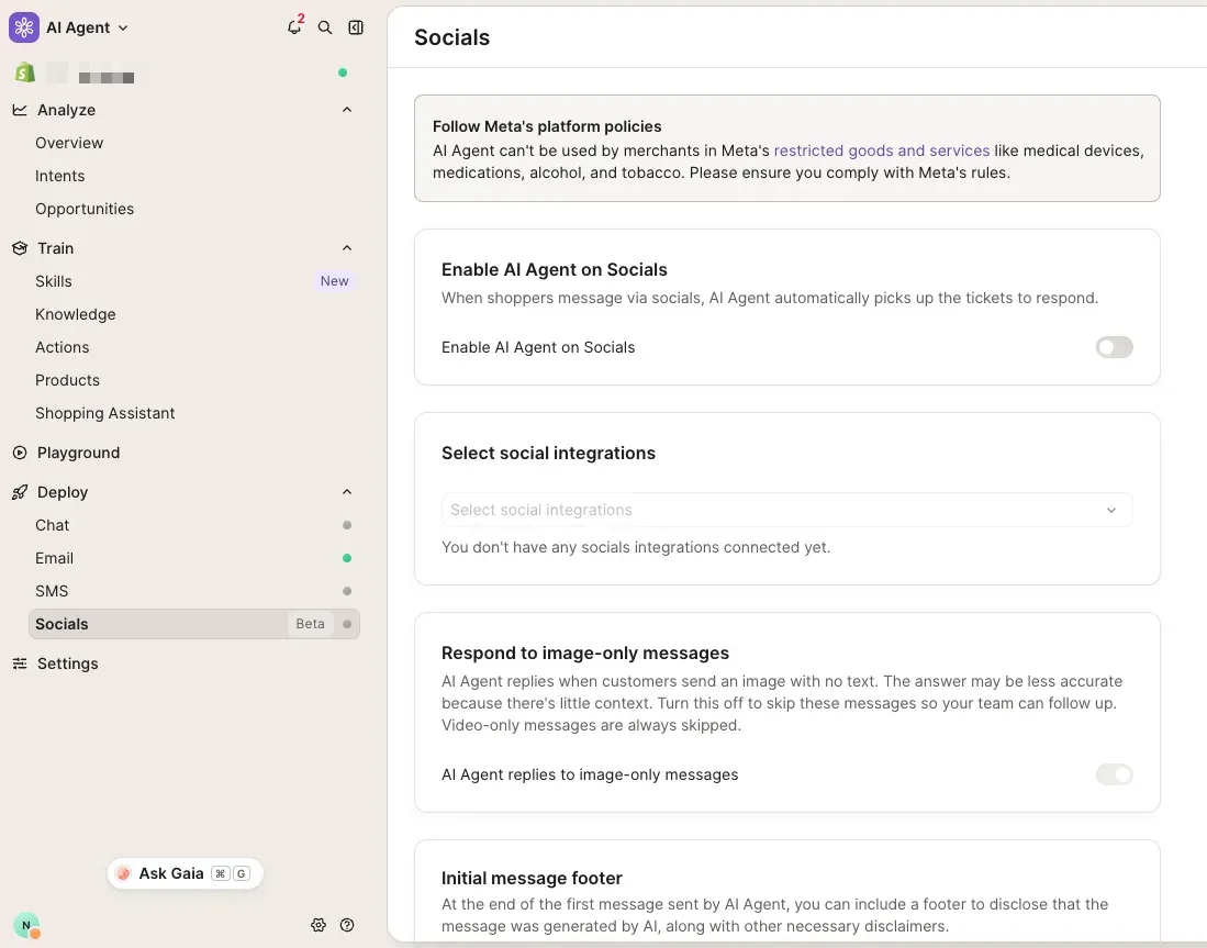 Gorgias AI Agent Socials deploy page with a Beta tag, a Follow Meta’s platform policies banner, a disabled Enable AI Agent on Socials toggle, and an empty social integrations dropdown