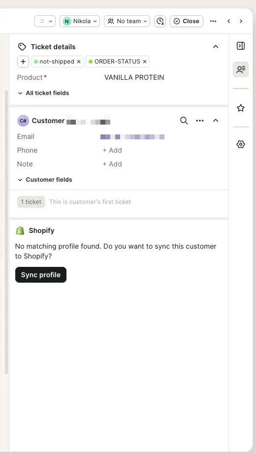 Gorgias ticket sidebar with ticket details and tags, a customer card, and a Shopify section reading No matching profile found with a Sync profile button