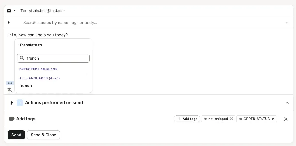 Gorgias reply box with the Translate to dropdown open over the drafted reply, filtering languages by the search term french under detected-language and all-languages sections