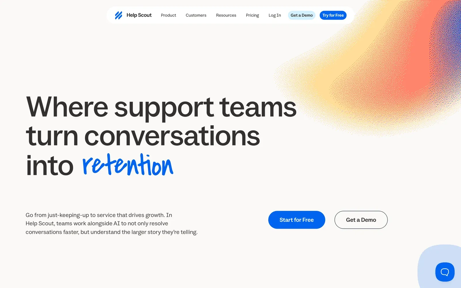 Help Scout homepage hero: ‘Where support teams turn conversations into retention’ with the last word in blue handwriting and an abstract gradient graphic on the right.