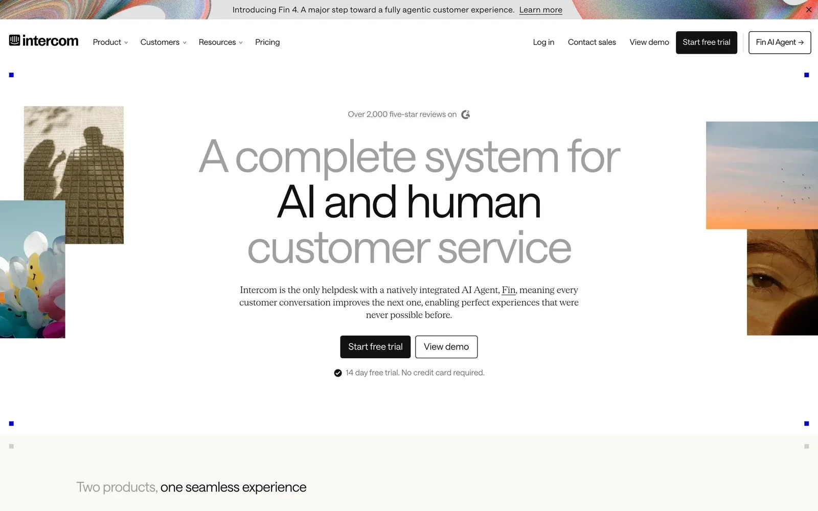 Intercom homepage hero: ‘A complete system for AI and human customer service’ centered between photo collages, with Start free trial and View demo buttons.