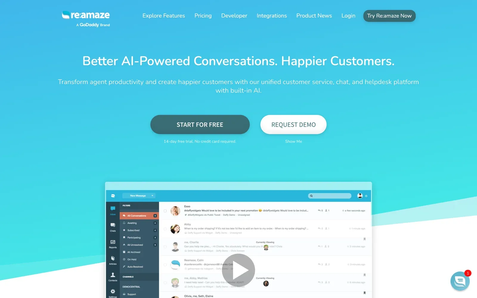 Re:amaze homepage hero: ‘Better AI-Powered Conversations. Happier Customers.’ on a blue background above a screenshot of the Re:amaze inbox.