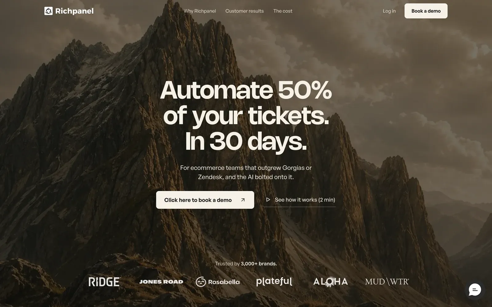 Richpanel homepage hero: ‘Automate 50% of your tickets. In 30 days.’ over a mountain photo, with a brand logo row underneath.
