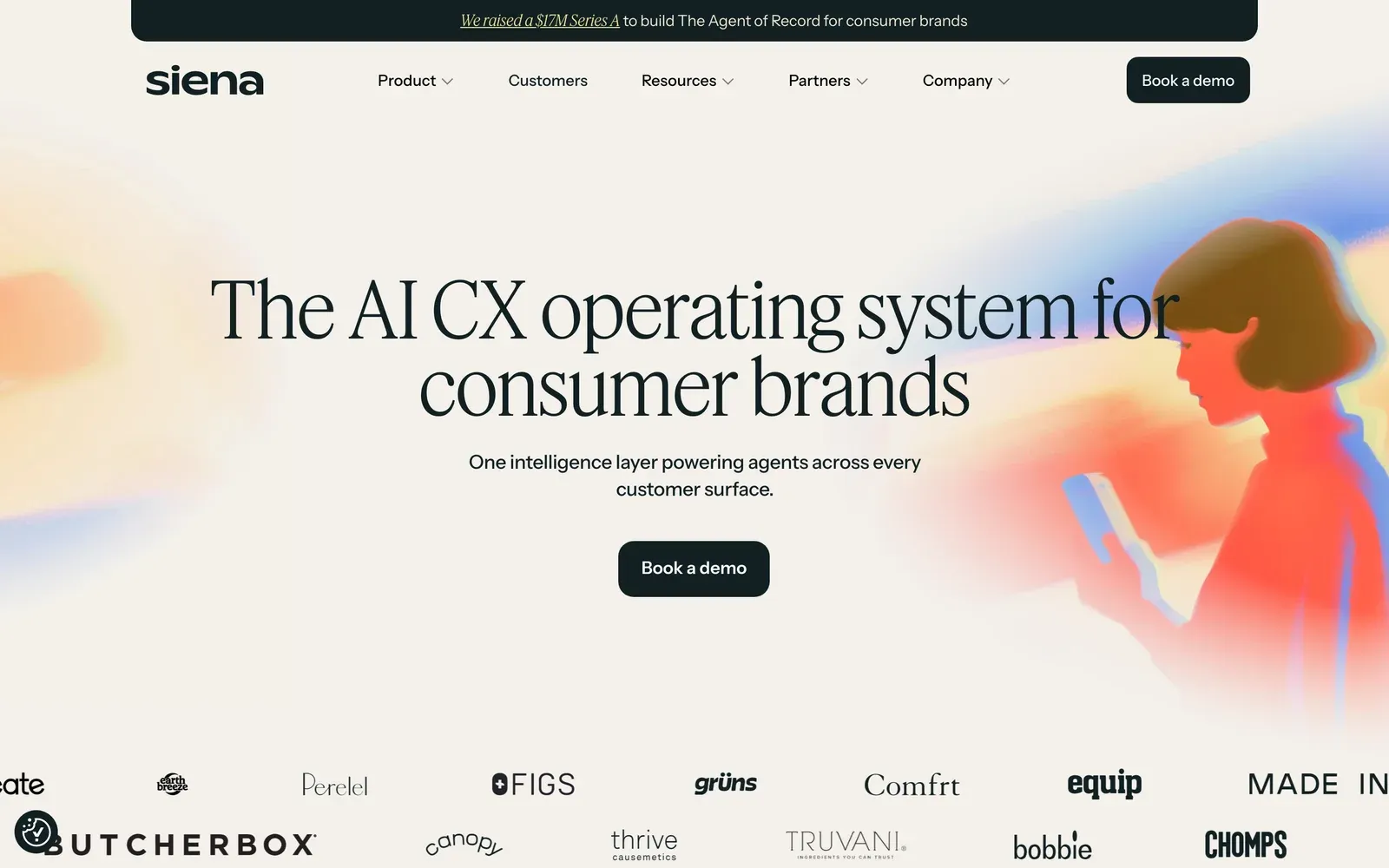 Siena homepage hero: ‘The AI CX operating system for consumer brands’ beside a painted illustration of a woman looking at her phone, with a scrolling row of brand logos below.