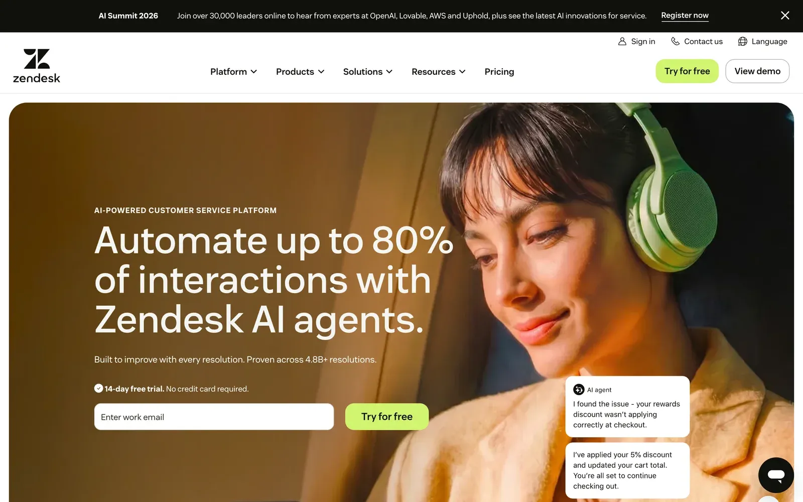 Zendesk homepage hero: ‘Automate up to 80% of interactions with Zendesk AI agents.’ over a photo of a woman wearing headphones, with AI agent chat cards on the right.